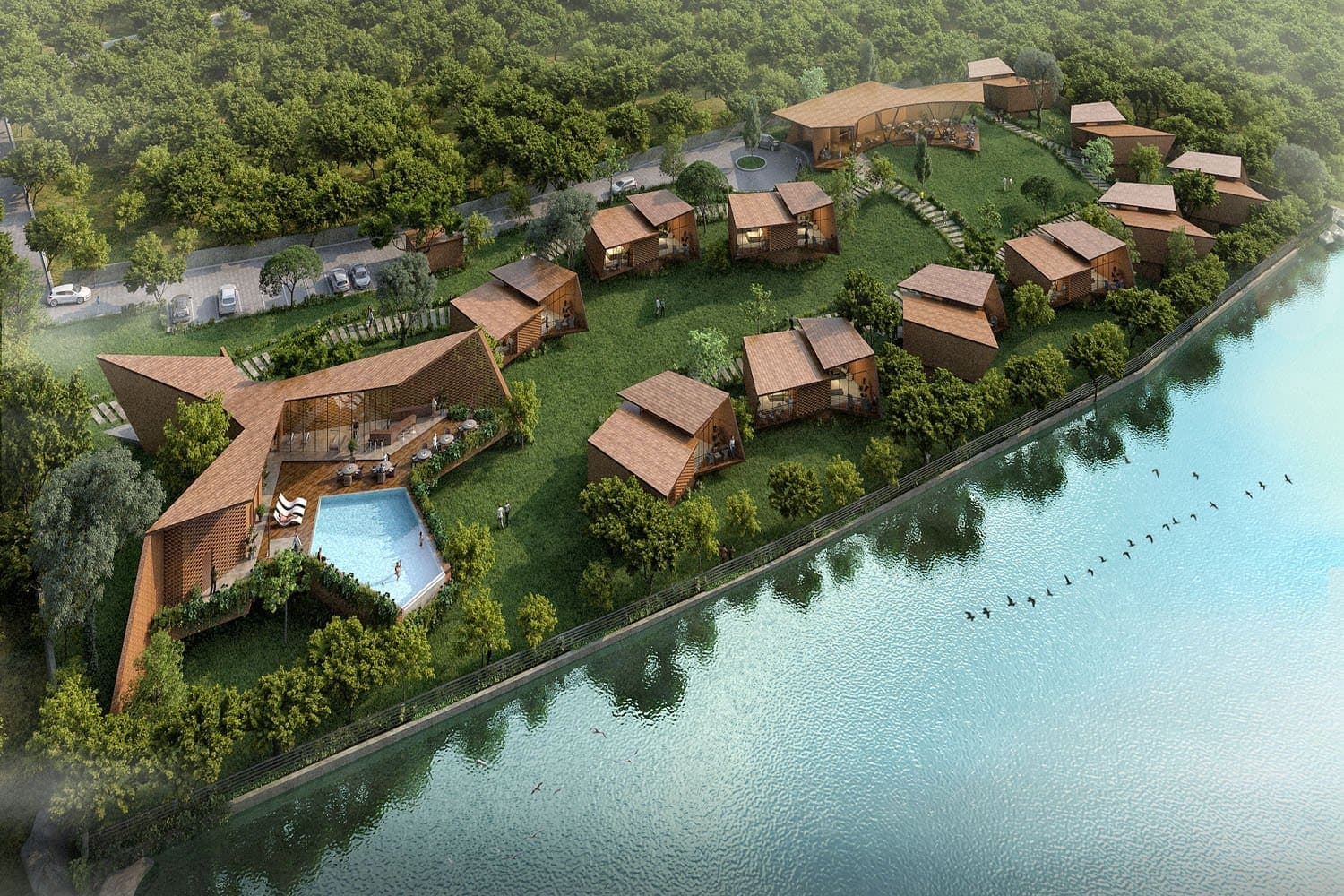 Aerial render of the La Serenita resort beside the Mulshi reservoir