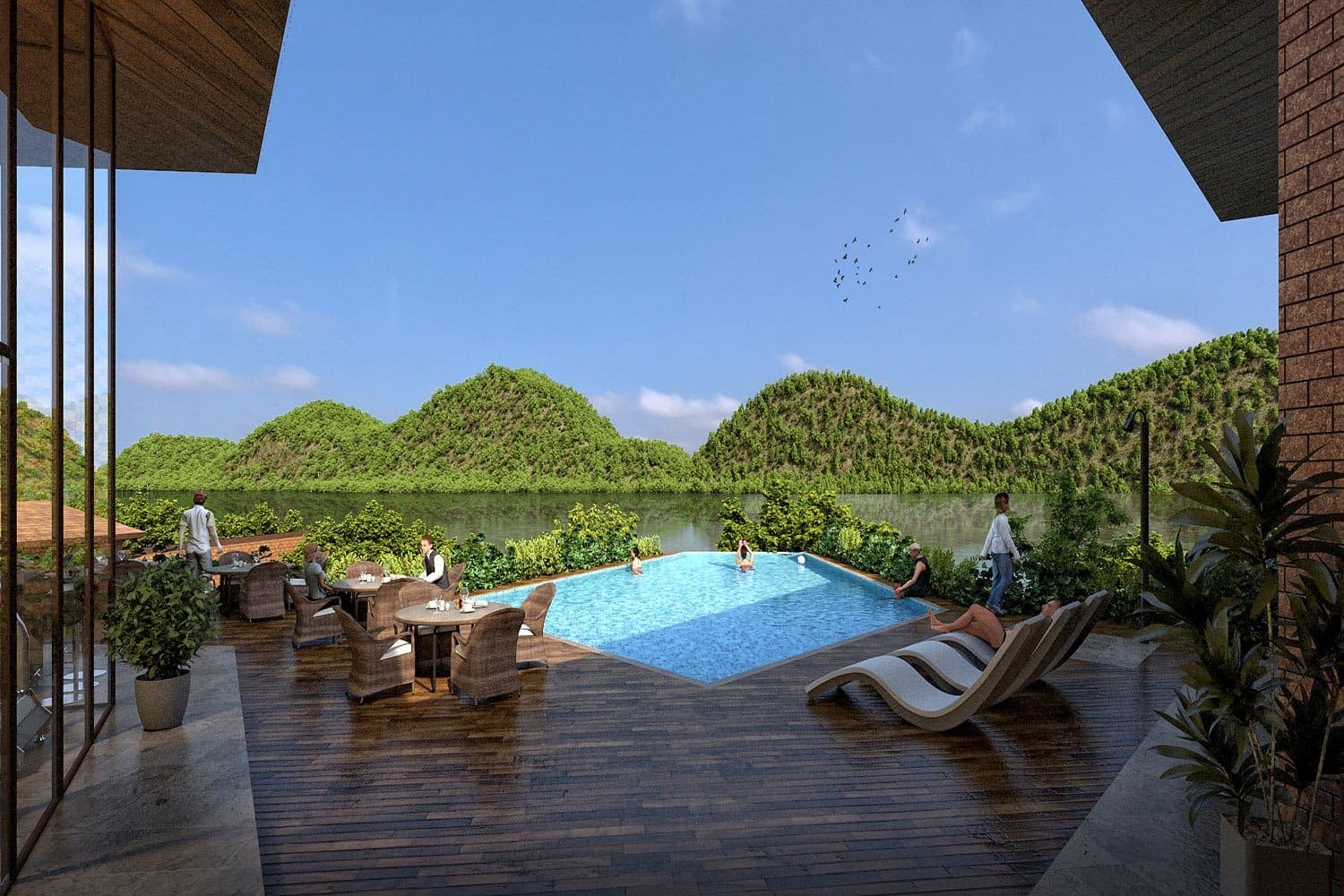 Render of the pool block overlooking the valley