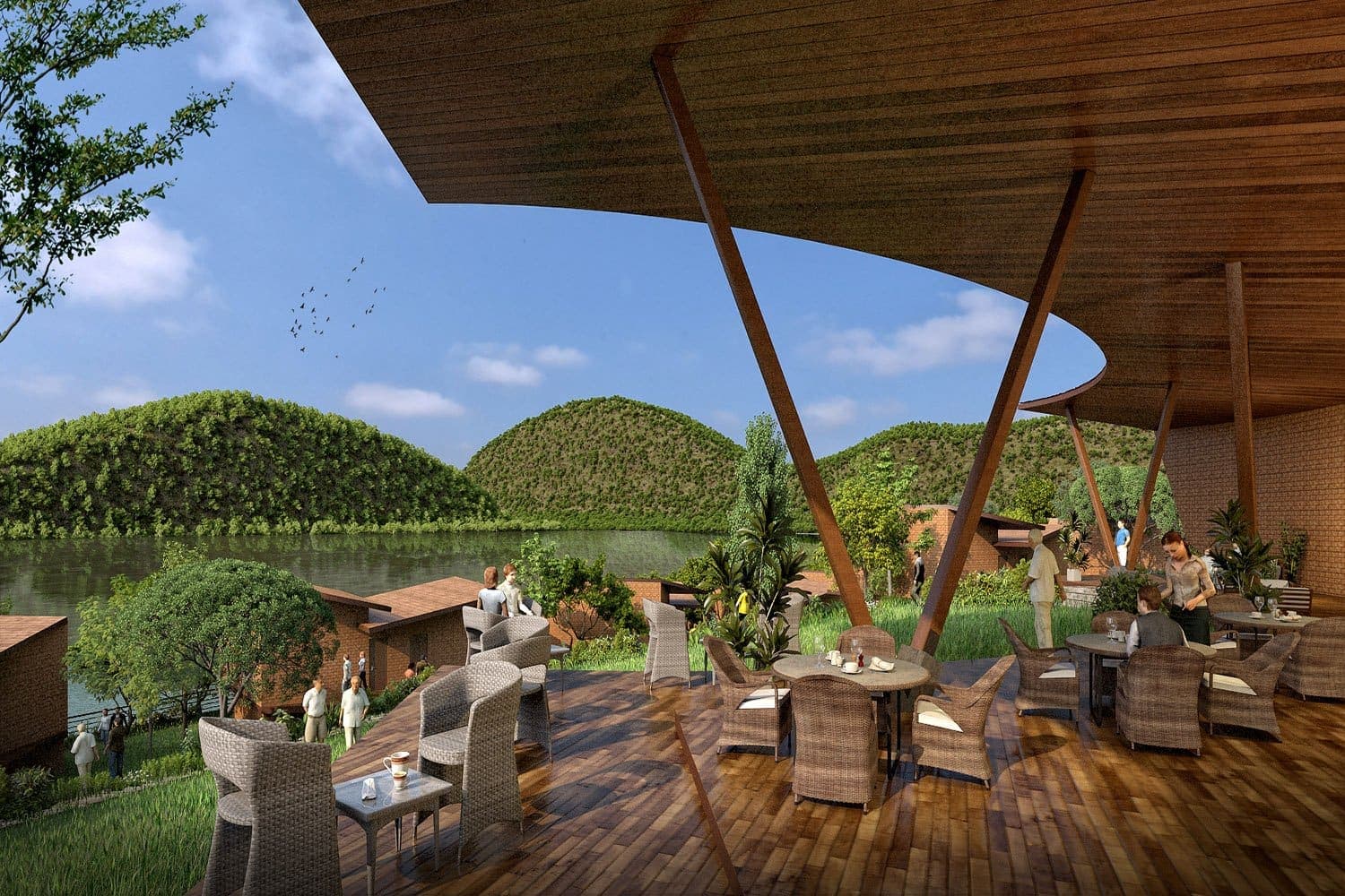 Render of the timber deck under the reception roof