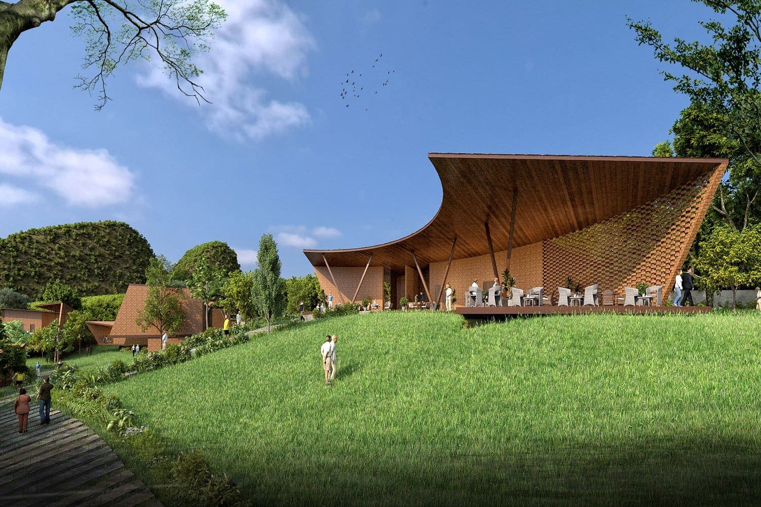 Render of the reception block from the internal landscape