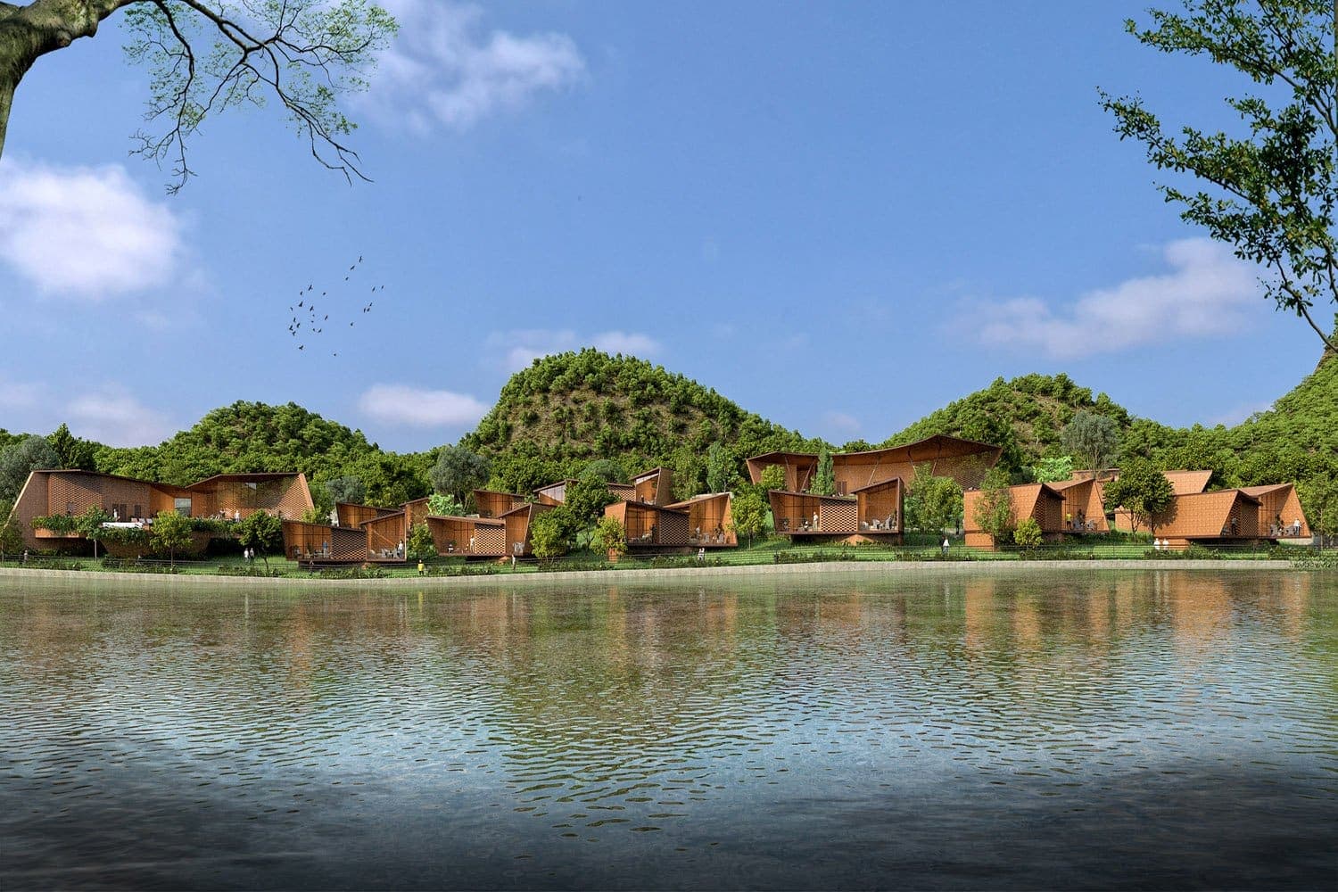 Render of the resort seen from across the water
