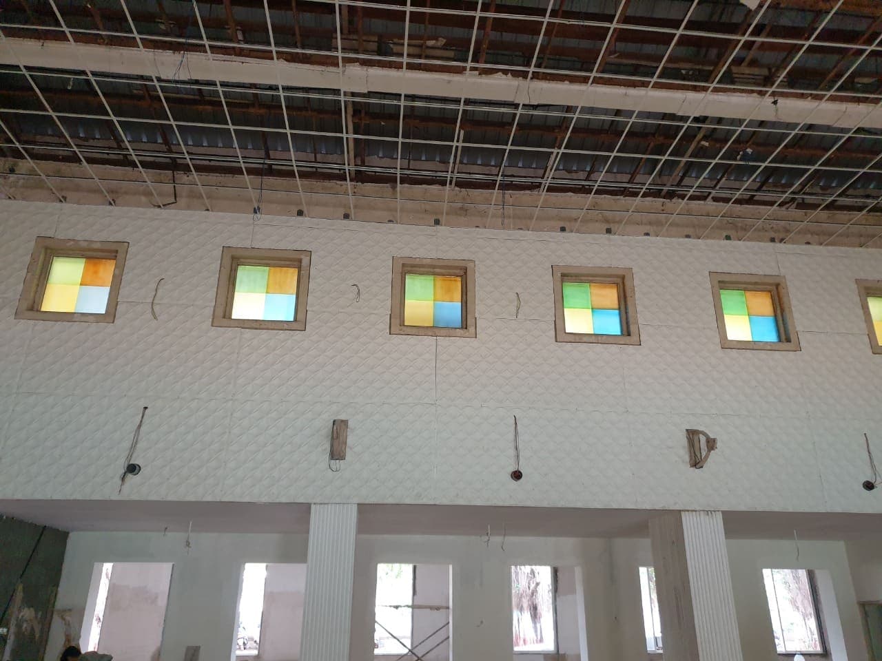 Hall interior with clerestory windows during works