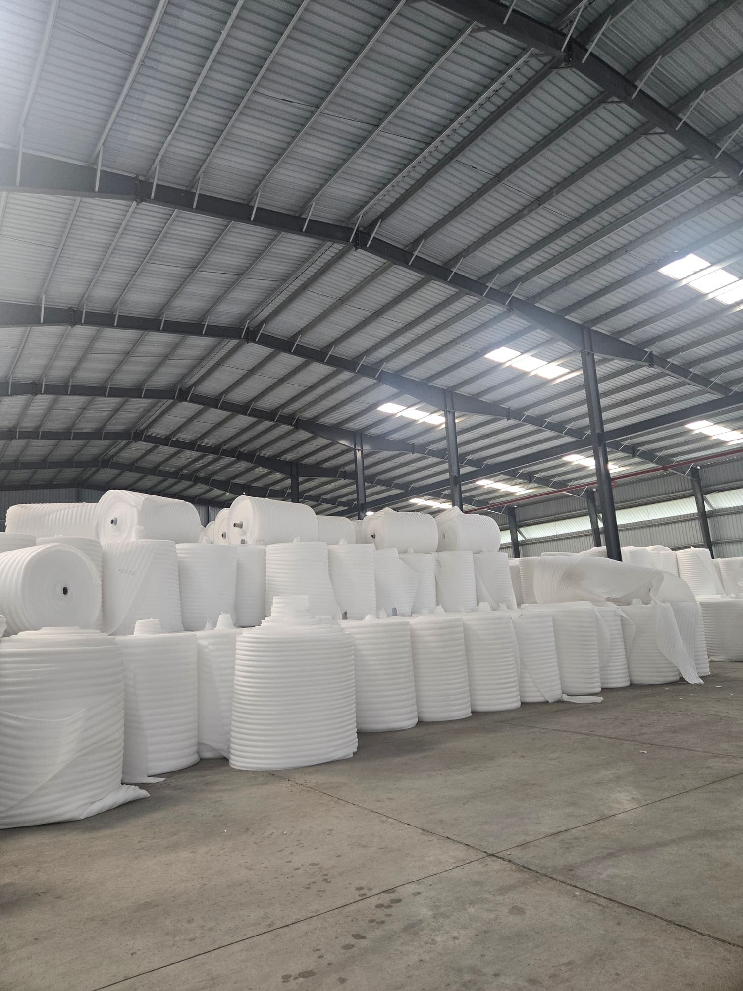 Foam rolls stacked under the clear-span steel roof