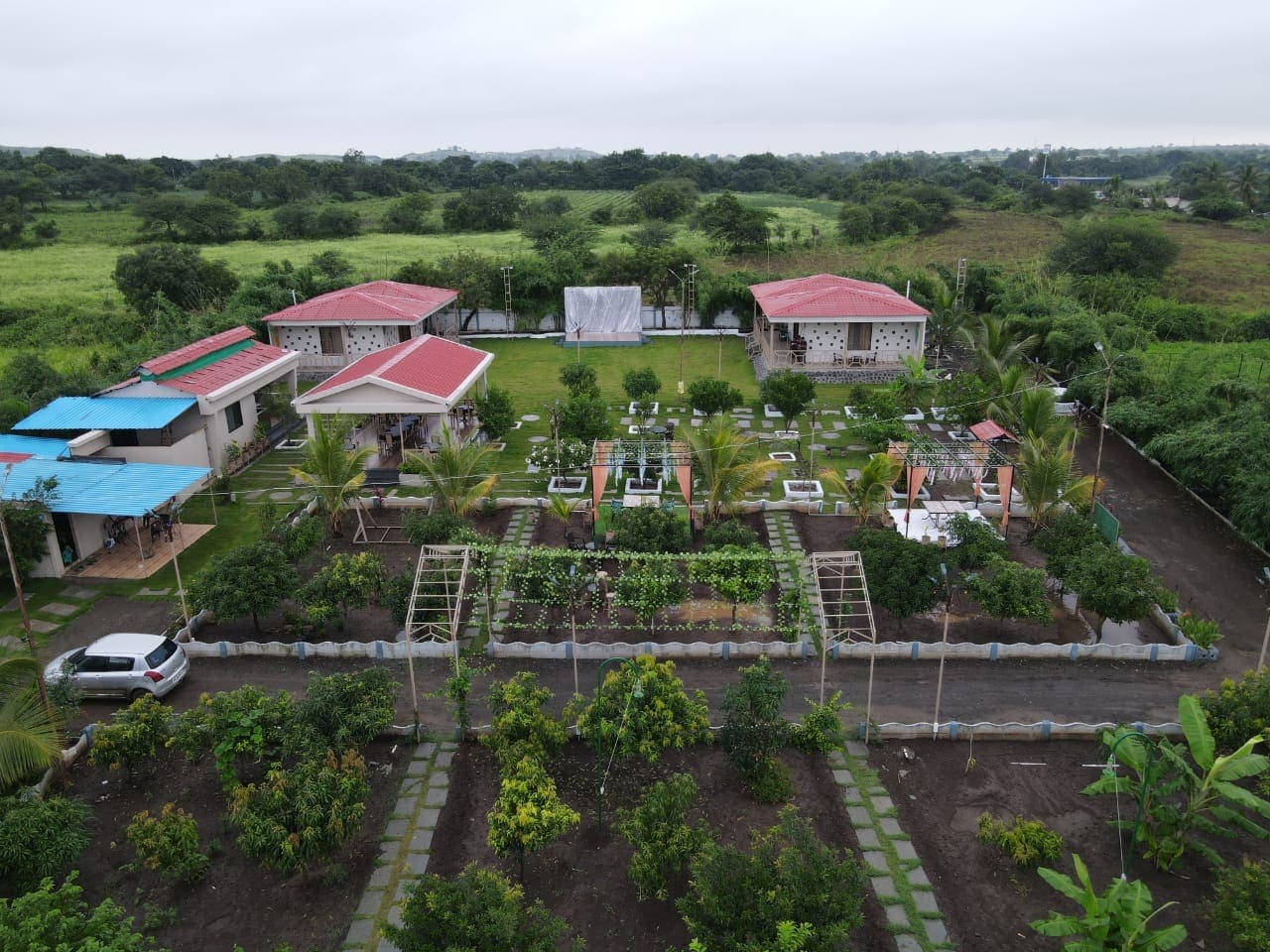Aerial view of the cottages and landscaped courts
