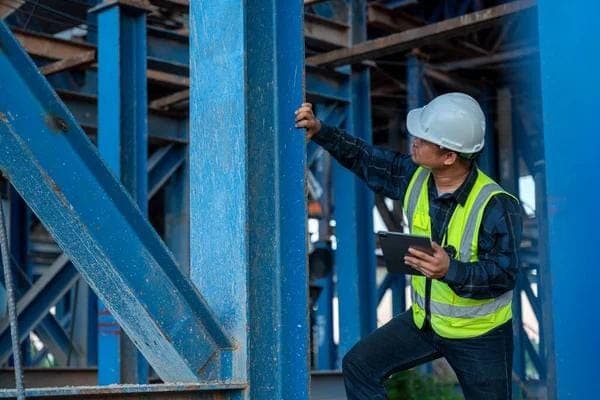 Engineer in safety gear inspecting a blue steel column with a tablet