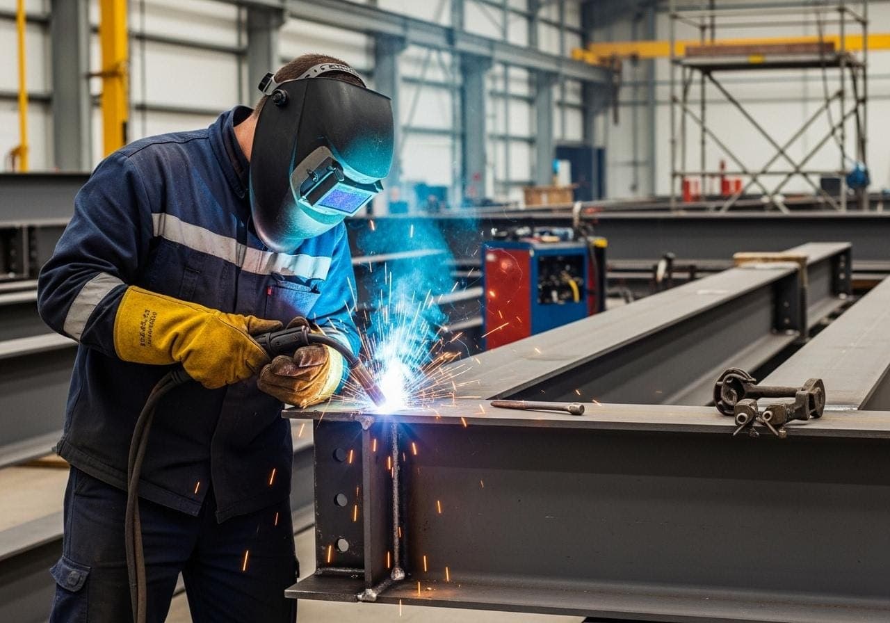 Welder joining a steel beam in a fabrication shop